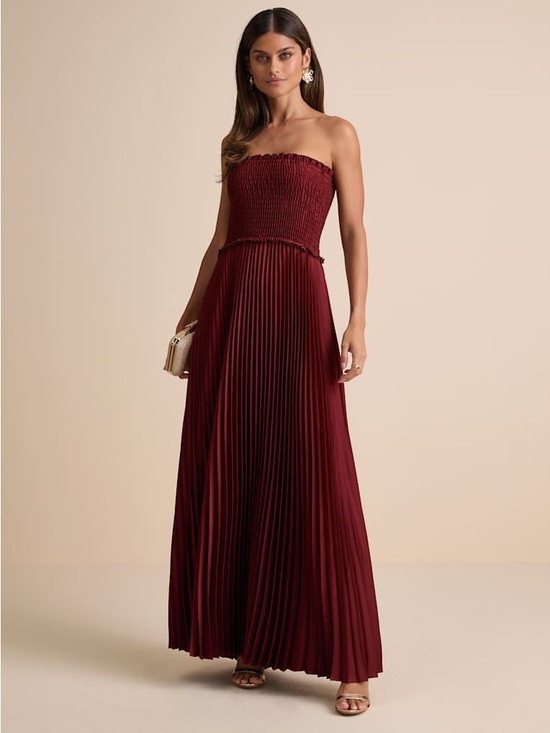 Lulus Dresses & Skirts - Lulus Damira Rust Satin Pleated Strapless Maxi Dress Size Medium Formal Wedding